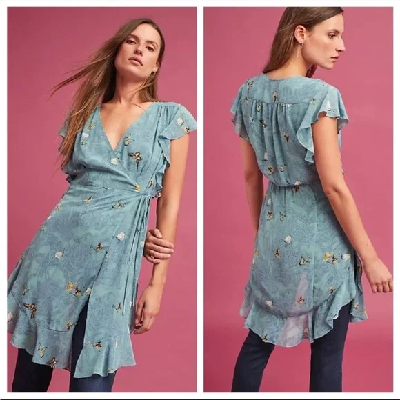 Anthropologie Feather Bone Osuna Wrap Dress Women's M Teal Butterfly Print - Picture 2 of 12